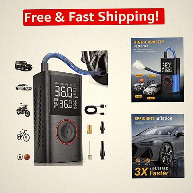 150 PSI Compact Tire Inflator with Auto Shut-Off & Rechargeable Batteries, Black