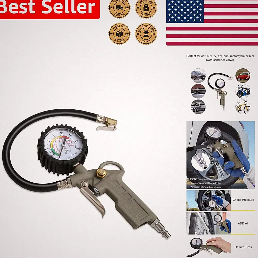 Heavy Duty Tire Inflator Gauge 0-220 PSI Air Compressor Attachment Quick Coupler